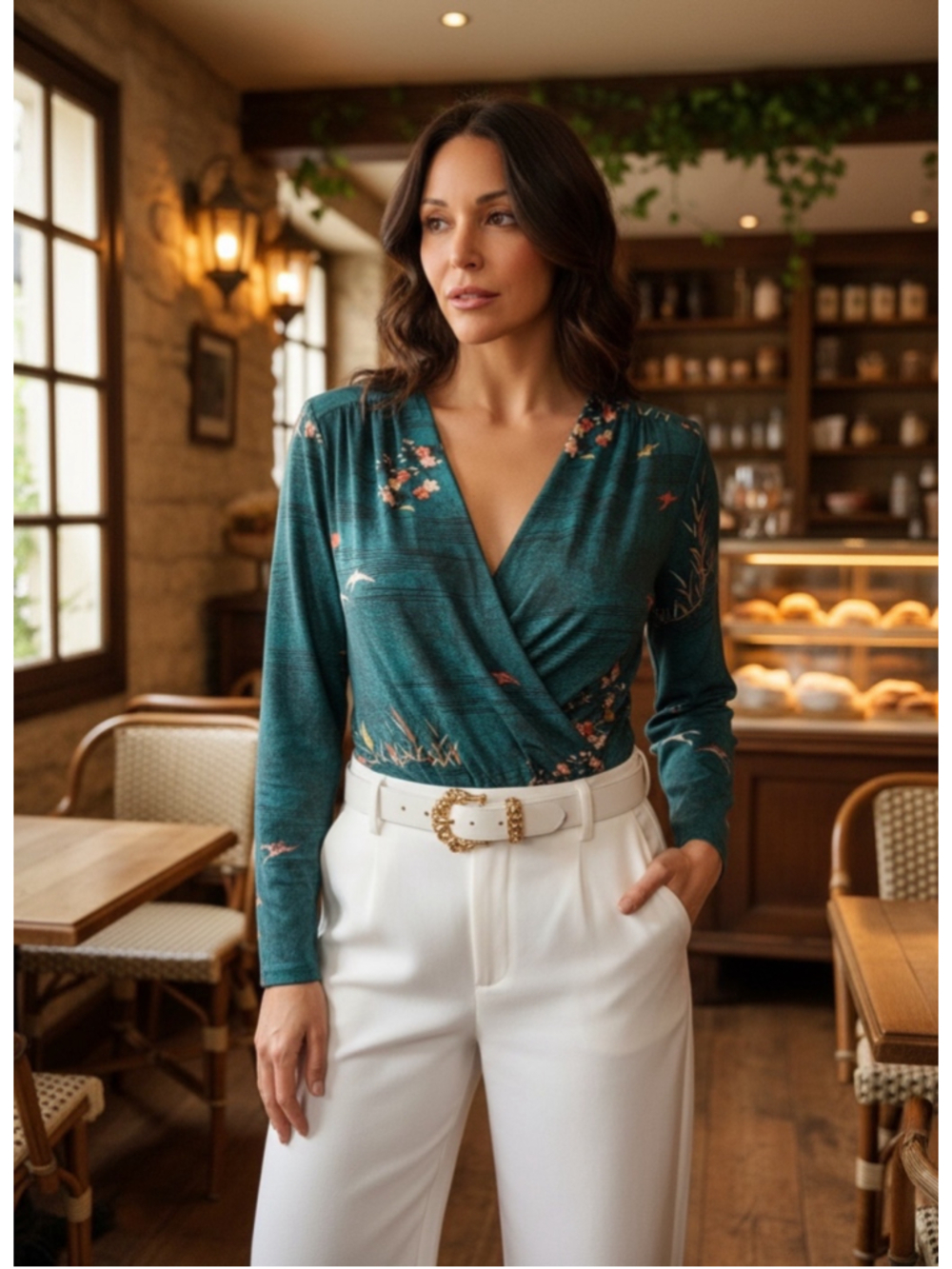 Zara Romantic Teal Floral Bird Wrap Bodysuit Small Date Night